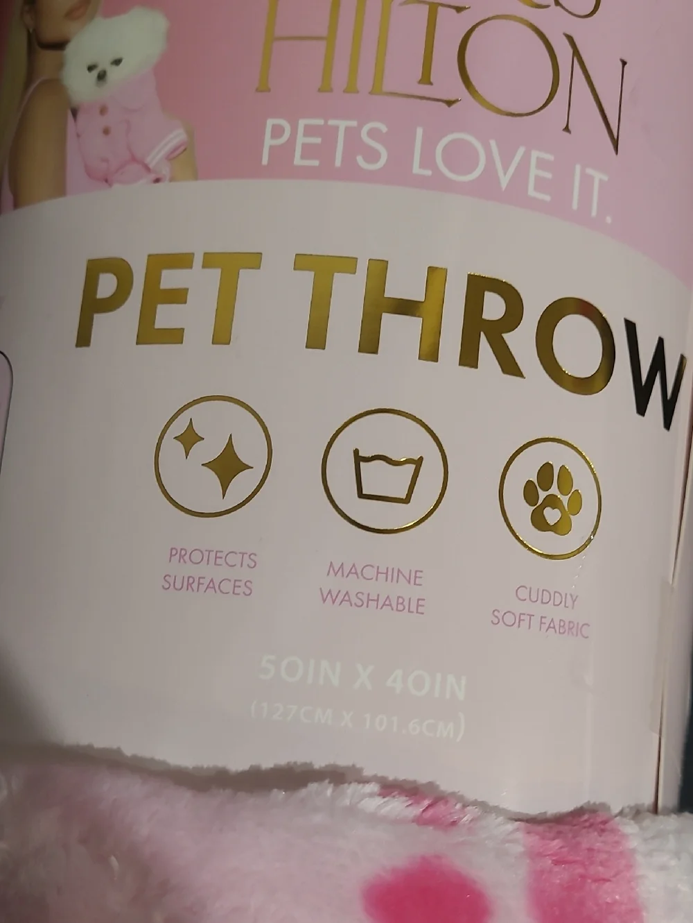 Paris Hilton Pink Plush Bow Paw Print Pet Blanket- 50x40in